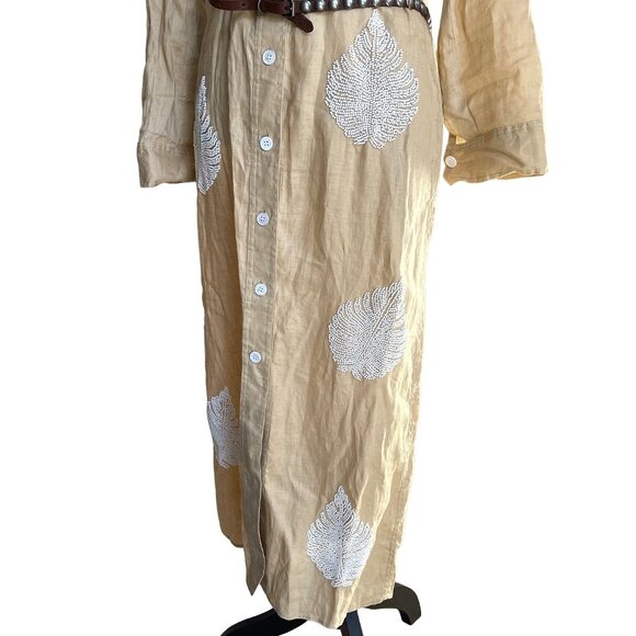ZARA Tan and White Beaded Linen Collared Maxi Dress Size Small - Picture 9 of 12